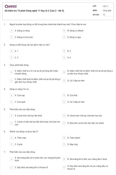 Đề kiểm tra 15 phút Công nghệ 11 Học kì 2 (Lần 2 - Đề 4)
