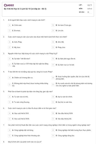 Bộ 4  Đề thi Học kì 2 Lịch Sử 10 (có đáp án - Đề 3)