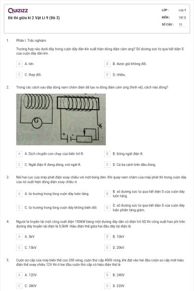Đề thi giữa kì 2 Vật Lí 9 (Đề 3)