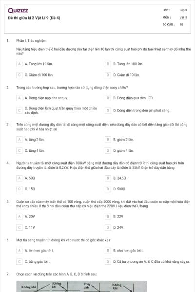 Đề thi giữa kì 2 Vật Lí 9 (Đề 4)