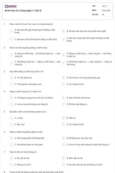 Đề thi Học kì 2 Công nghệ 11 (Đề 4)