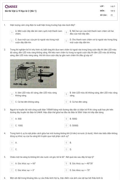 Đề thi Vật Lí 9 Học kì 2 (Đề 1)