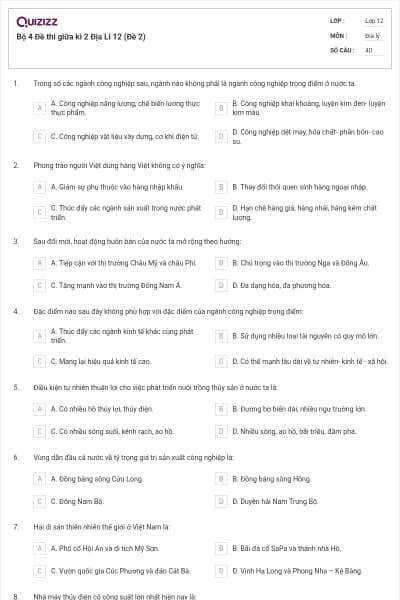 Bộ 4   Đề thi giữa kì 2 Địa Lí 12 (Đề 2)