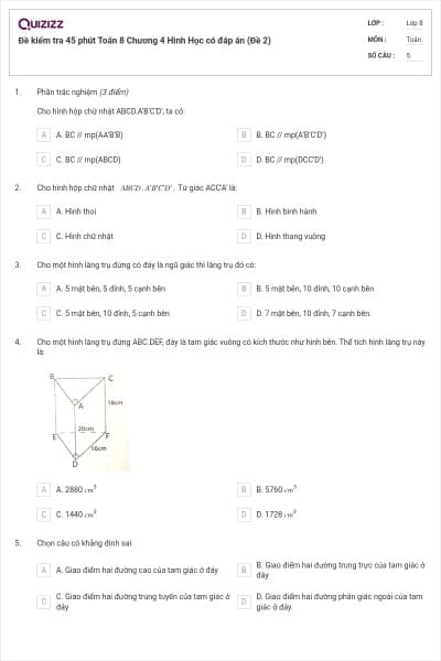 Đề kiểm tra 45 phút Toán 8 Chương 4 Hình Học có đáp án (Đề 2)