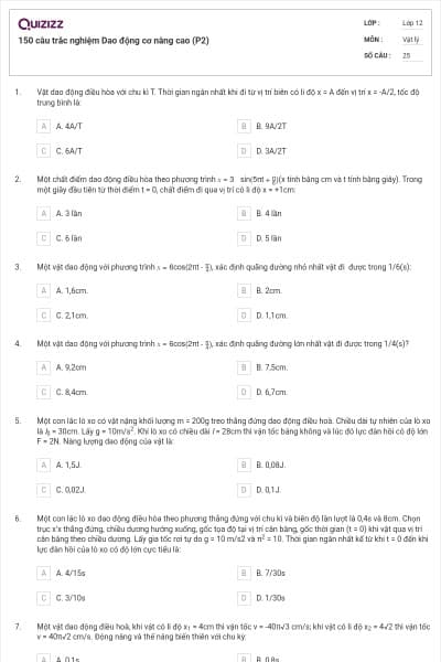 150 câu trắc nghiệm Dao động cơ nâng cao (P2)