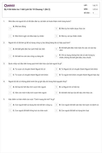 Bộ 4  Đề kiểm tra 1 tiết Lịch Sử 10 Chương 1 (Đề 2)