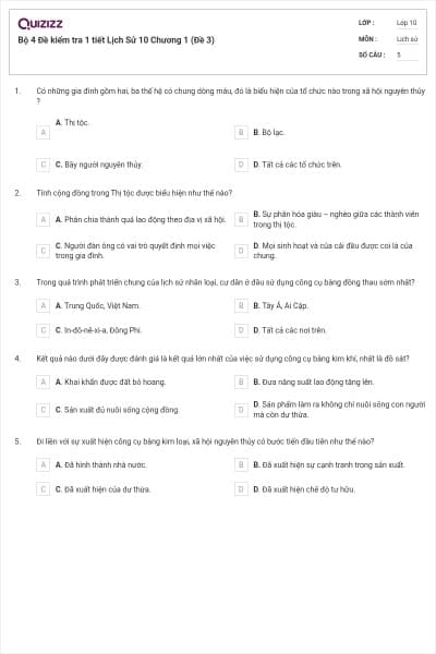 Bộ 4  Đề kiểm tra 1 tiết Lịch Sử 10 Chương 1 (Đề 3)
