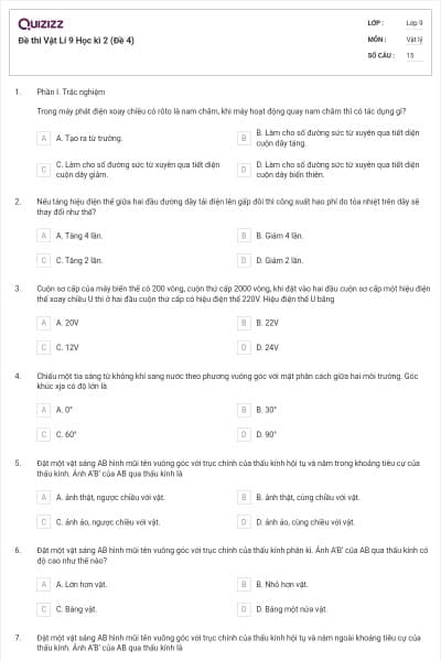 Đề thi Vật Lí 9 Học kì 2 (Đề 4)