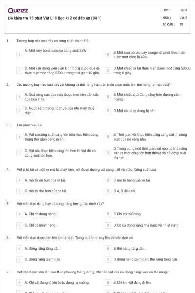 Đề kiểm tra 15 phút Vật Lí 8 Học kì 2 có đáp án (Đề 1)