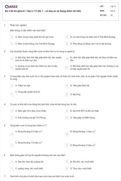 Bộ 4   Đề thi giữa kì 1 Địa Lí 12 (Đề 1 - có đáp án và thang điểm chi tiết)