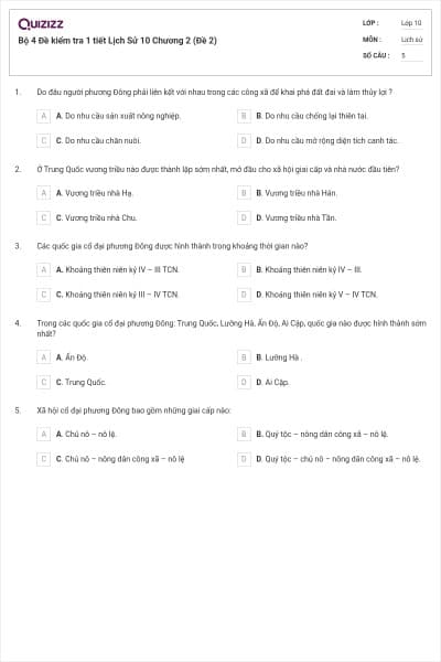 Bộ 4  Đề kiểm tra 1 tiết Lịch Sử 10 Chương 2 (Đề 2)