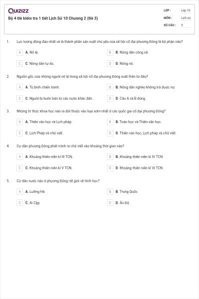 Bộ 4  Đề kiểm tra 1 tiết Lịch Sử 10 Chương 2 (Đề 3)