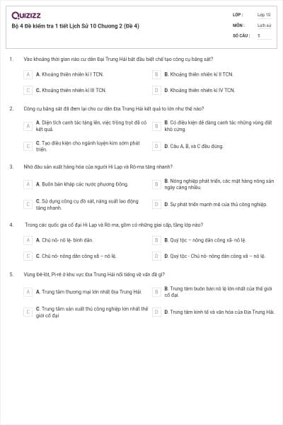 Bộ 4  Đề kiểm tra 1 tiết Lịch Sử 10 Chương 2 (Đề 4)