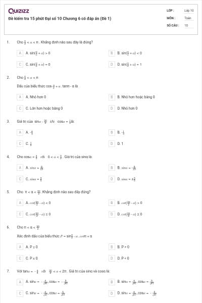 Đề kiểm tra 15 phút Đại số 10 Chương 6 có đáp án (Đề 1)