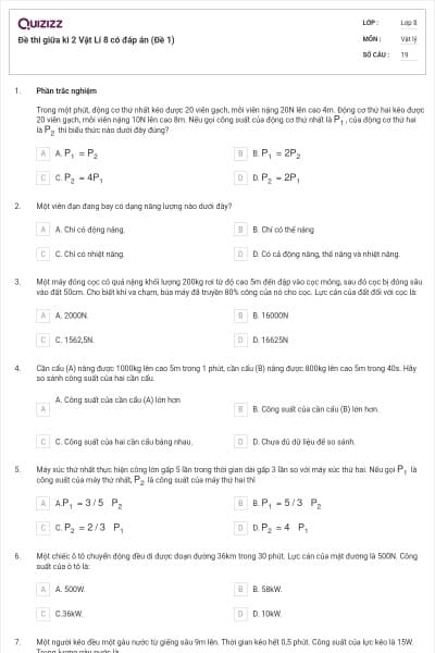 Đề thi giữa kì 2 Vật Lí 8 có đáp án (Đề 1)