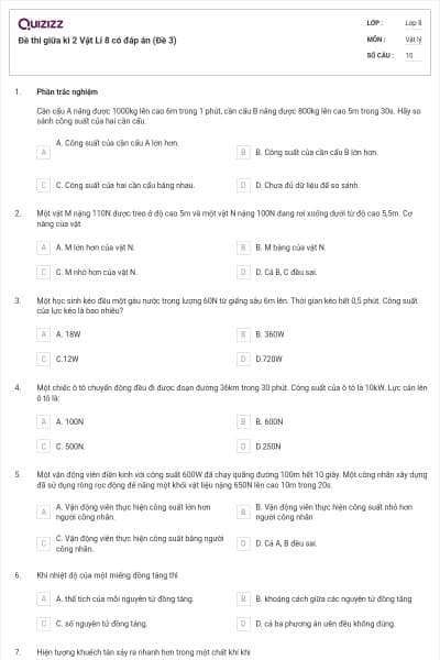 Đề thi giữa kì 2 Vật Lí 8 có đáp án (Đề 3)