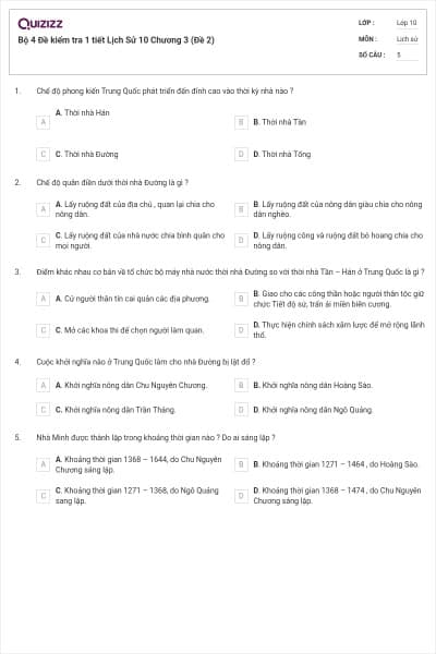 Bộ 4  Đề kiểm tra 1 tiết Lịch Sử 10 Chương 3 (Đề 2)