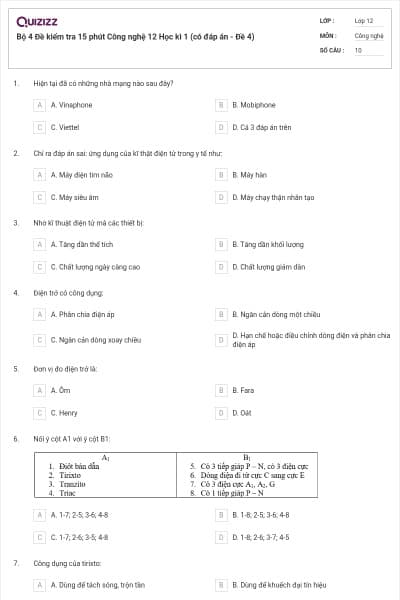Bộ 4 Đề kiểm tra 15 phút Công nghệ 12 Học kì 1 (có đáp án - Đề 4)