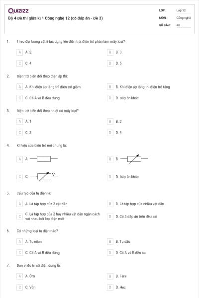 Bộ 4 Đề thi giữa kì 1 Công nghệ 12 (có đáp án - Đề 3)