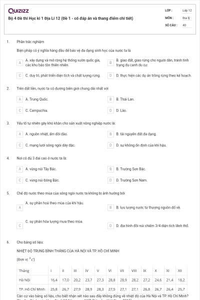 Bộ 4   Đề thi Học kì 1 Địa Lí 12 (Đề 1 - có đáp án và thang điểm chi tiết)