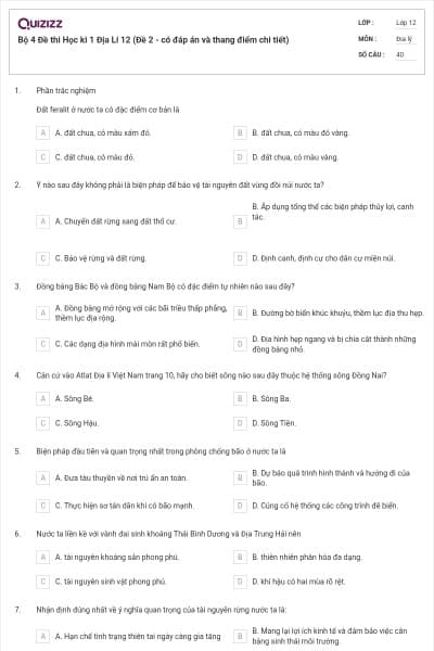 Bộ 4   Đề thi Học kì 1 Địa Lí 12 (Đề 2 - có đáp án và thang điểm chi tiết)