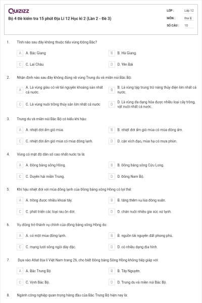 Bộ 4   Đề kiểm tra 15 phút Địa Lí 12 Học kì 2 (Lần 2 - Đề 3)