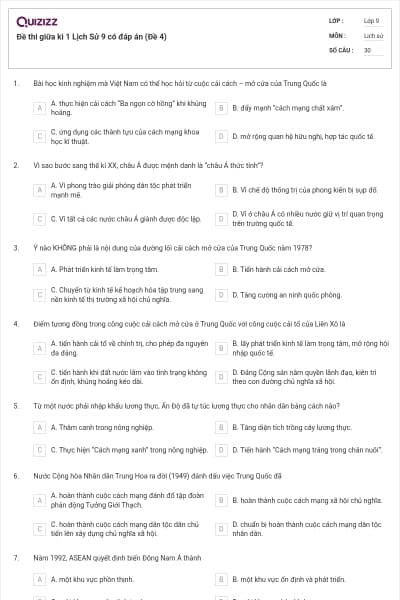 Đề thi giữa kì 1 Lịch Sử 9 có đáp án (Đề 4)