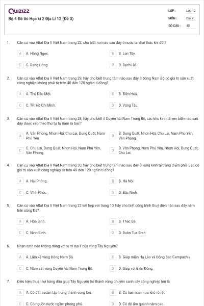Bộ 4   Đề thi Học kì 2 Địa Lí 12 (Đề 3)