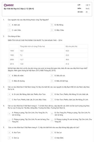 Bộ 4   Đề thi Học kì 2 Địa Lí 12 (Đề 4)
