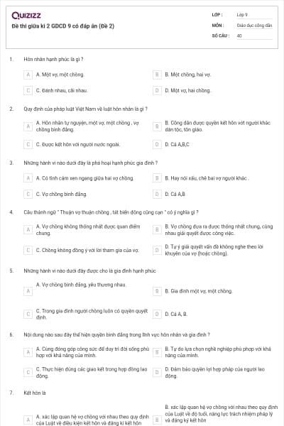 Đề thi giữa kì 2 GDCD 9 có đáp án (Đề 2)