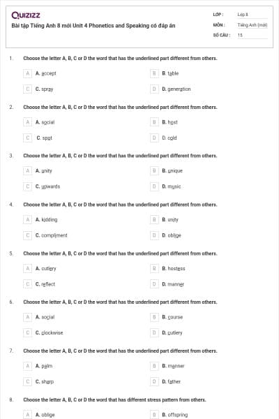 Bài tập Tiếng Anh 8 mới Unit 4 Phonetics and Speaking có đáp án