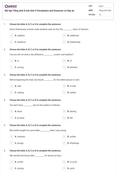 Bài tập Tiếng Anh 8 mới Unit 4 Vocabulary and Grammar có đáp án