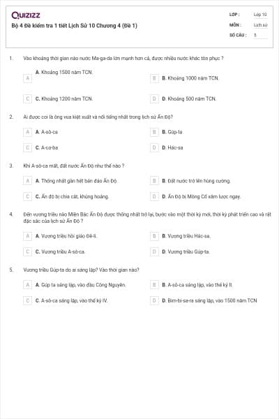 Bộ 4  Đề kiểm tra 1 tiết Lịch Sử 10 Chương 4 (Đề 1)