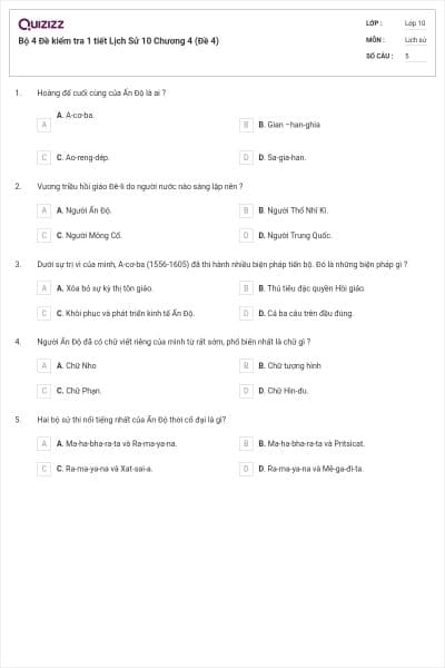 Bộ 4  Đề kiểm tra 1 tiết Lịch Sử 10 Chương 4 (Đề 4)