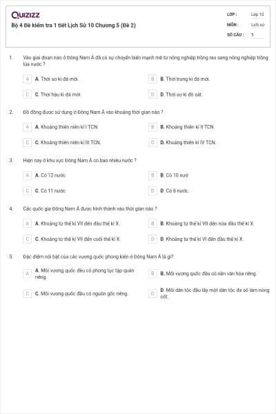 Bộ 4  Đề kiểm tra 1 tiết Lịch Sử 10 Chương 5 (Đề 2)