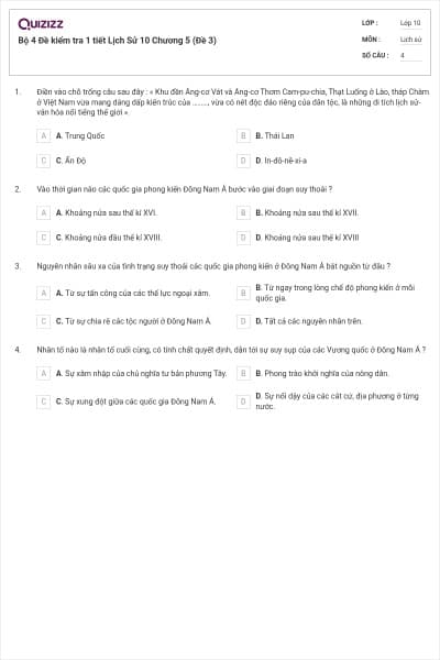 Bộ 4  Đề kiểm tra 1 tiết Lịch Sử 10 Chương 5 (Đề 3)