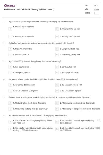 Đề kiểm tra 1 tiết Lịch Sử 10 Chương 1 (Phần 2 - Đề 1)