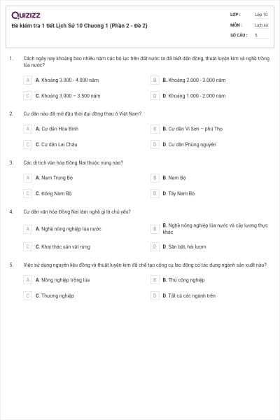 Đề kiểm tra 1 tiết Lịch Sử 10 Chương 1 (Phần 2 - Đề 2)
