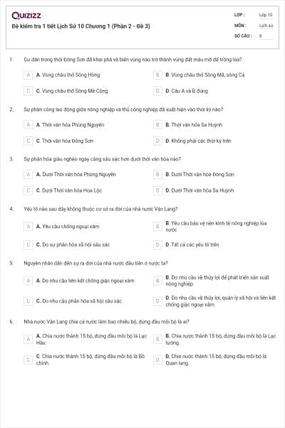 Đề kiểm tra 1 tiết Lịch Sử 10 Chương 1 (Phần 2 - Đề 3)