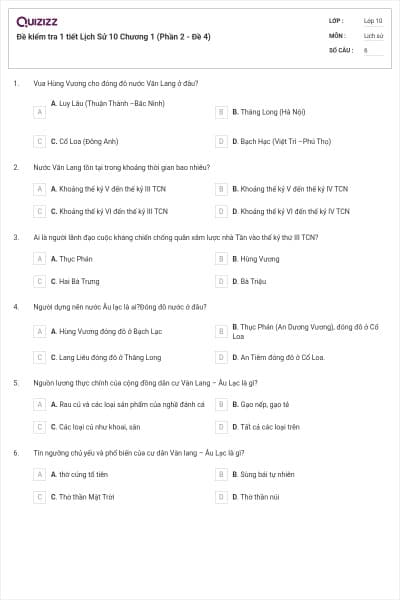 Đề kiểm tra 1 tiết Lịch Sử 10 Chương 1 (Phần 2 - Đề 4)