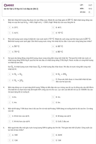 Đề thi Vật Lí 8 Học kì 2 có đáp án (Đề 2)
