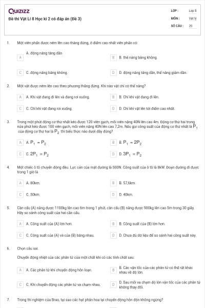 Đề thi Vật Lí 8 Học kì 2 có đáp án (Đề 3)