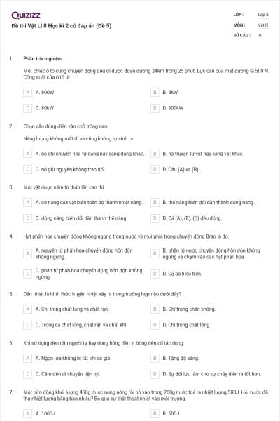 Đề thi Vật Lí 8 Học kì 2 có đáp án (Đề 5)