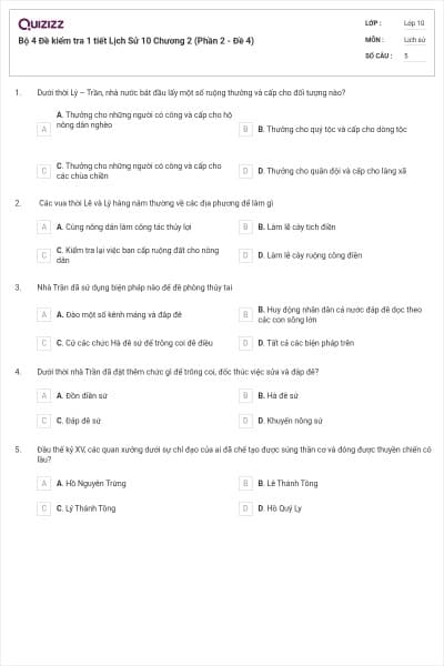 Bộ 4  Đề kiểm tra 1 tiết Lịch Sử 10 Chương 2 (Phần 2 - Đề 4)