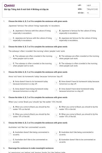 Bài tập Tiếng Anh 8 mới Unit 4 Writing có đáp án
