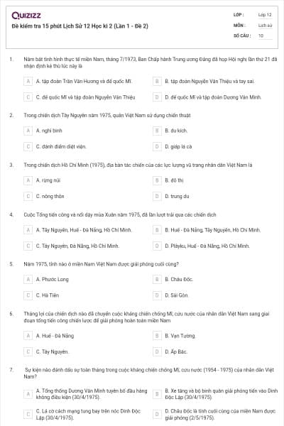 Đề kiểm tra 15 phút Lịch Sử 12 Học kì 2 (Lần 1 - Đề 2)