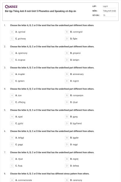 Bài tập Tiếng Anh 8 mới Unit 5 Phonetics and Speaking có đáp án