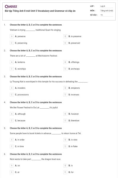 Bài tập Tiếng Anh 8 mới Unit 5 Vocabulary and Grammar có đáp án