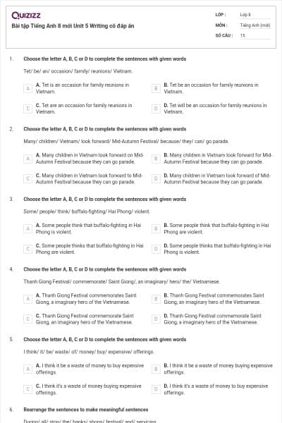 Bài tập Tiếng Anh 8 mới Unit 5 Writing có đáp án