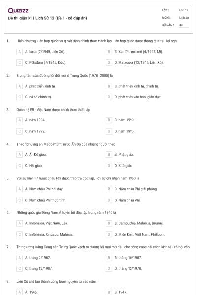 Đề thi giữa kì 1 Lịch Sử 12 (Đề 1 - có đáp án)
